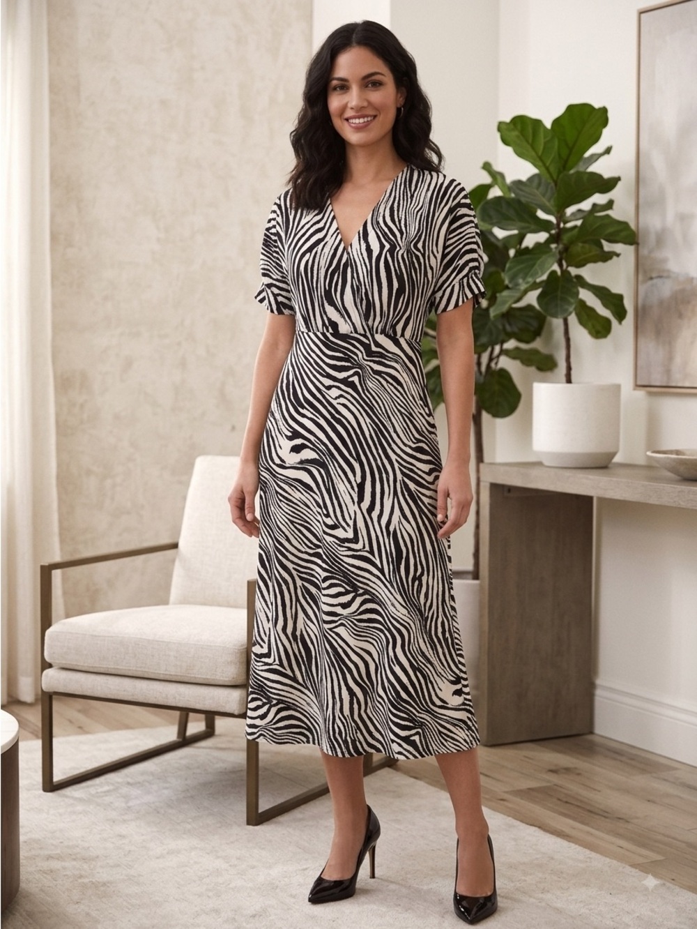 Gilli Zebra Print Midi Dress With Puffed Sleeves NWT